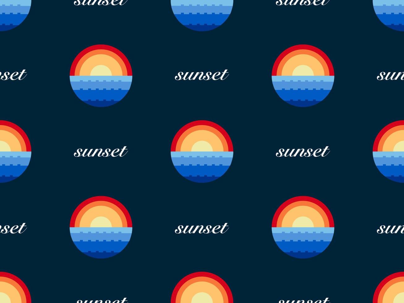 Sunset cartoon character seamless pattern on black background.  Pixel style vector