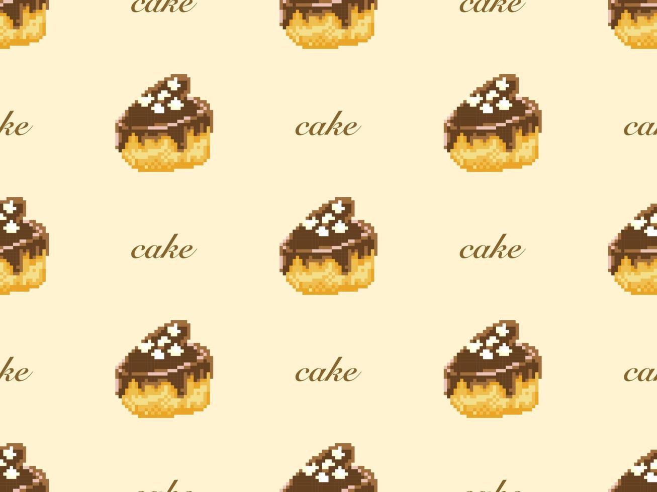 Cake cartoon character seamless pattern on yellow background. Pixel style vector