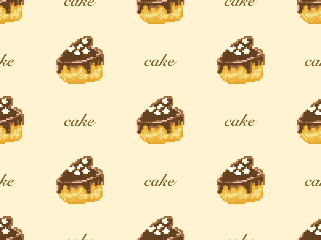 Cake cartoon character seamless pattern on yellow background. Pixel style vector