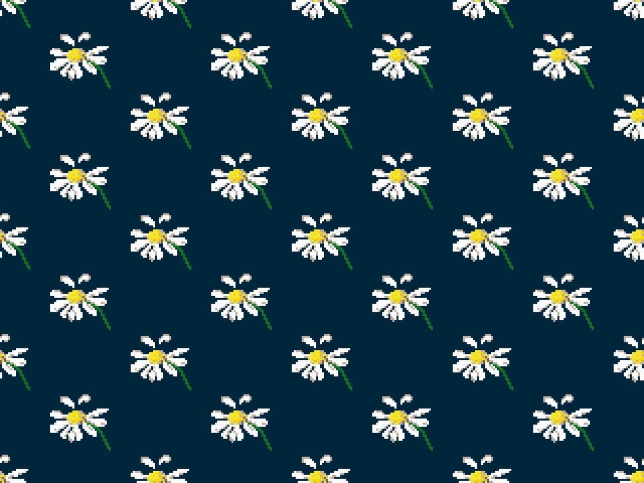 Flower cartoon character seamless pattern on blue background. Pixel style vector