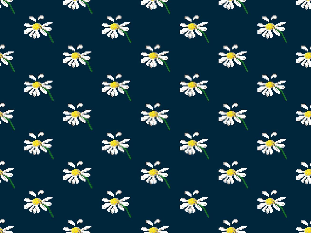 Flower cartoon character seamless pattern on blue background. Pixel style vector