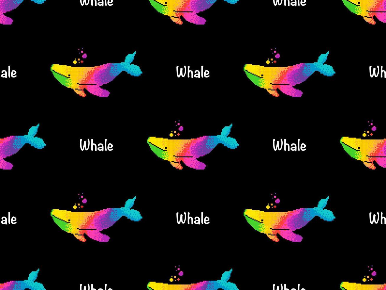 Whale cartoon character seamless pattern on black background.  Pixel style vector