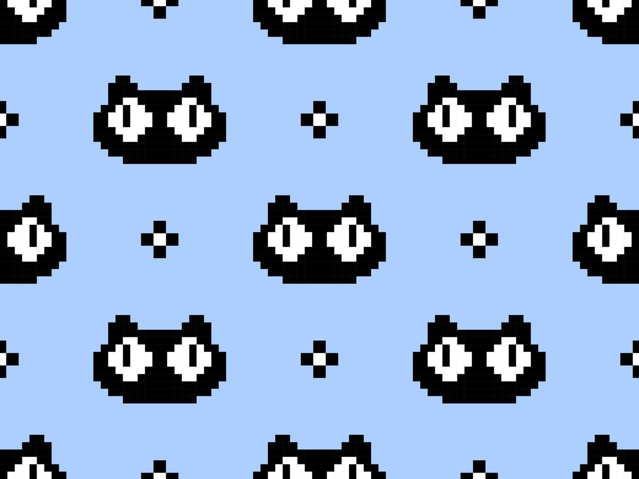 Cat cartoon character seamless pattern on blue background. Pixel style vector