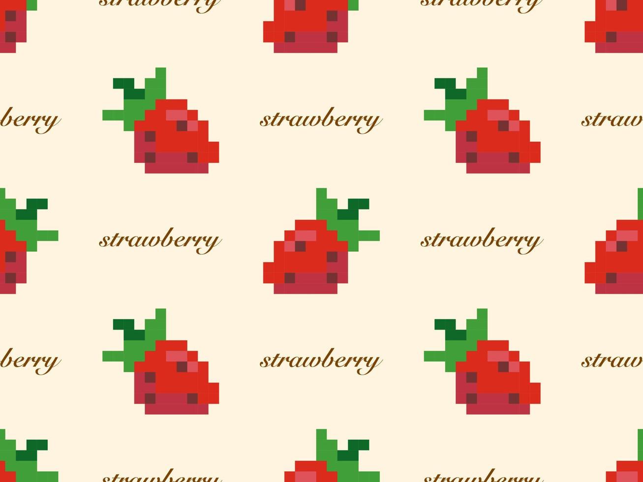 Strawberry cartoon character seamless pattern on yellow background. Pixel style vector
