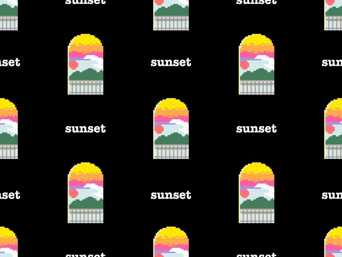 Sunset cartoon character seamless pattern on black background.  Pixel style vector