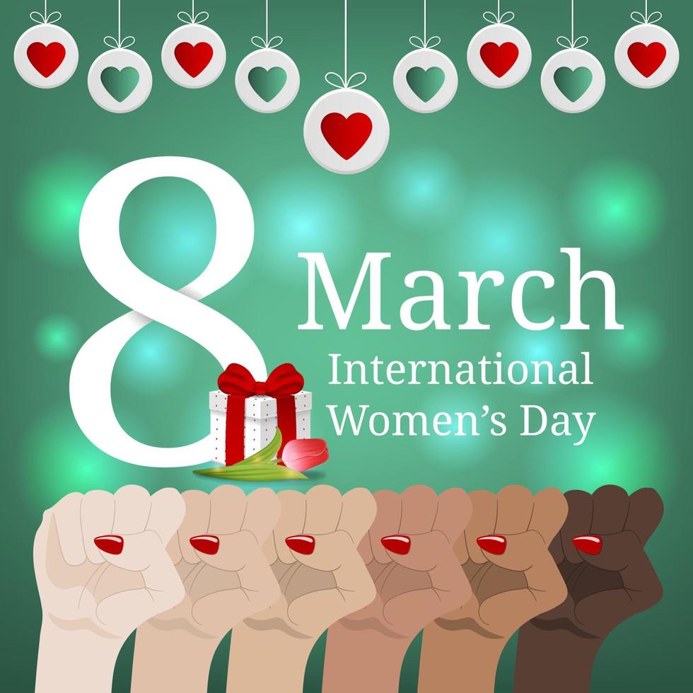 International Women's Day Greeting Card, Banner. Women's March. Multinational Equality. Female hand with her fist raised up. Girl Power. Feminism concept. Vector illustration for Your Design.