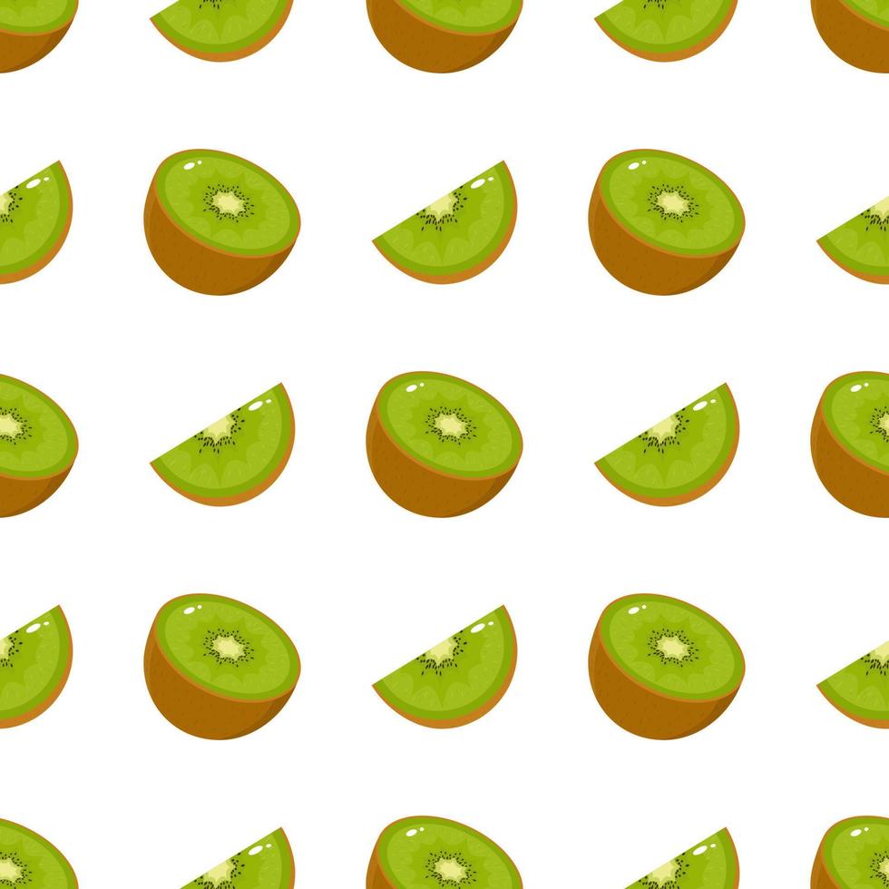 Seamless pattern with fresh half and slice kiwi fruit on white background. Summer fruits for healthy lifestyle. Organic fruit. Cartoon style. Vector illustration for any design.