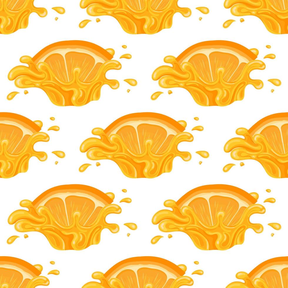 Seamless pattern with fresh bright orange, mandarin or tagerine juice splash burst isolated on white background. Summer fruit juice. Cartoon style. Vector illustration for any design.