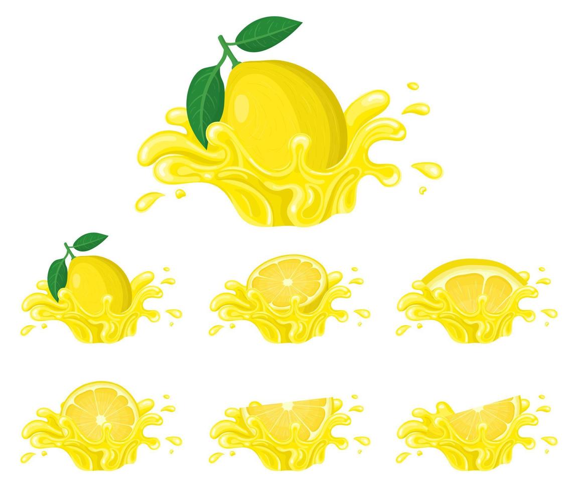 conjunto de salpicaduras de jugo de limón fresco y brillante aisladas en fondo blanco. jugo de frutas de verano. estilo de dibujos animados ilustración vectorial para cualquier diseño. vector