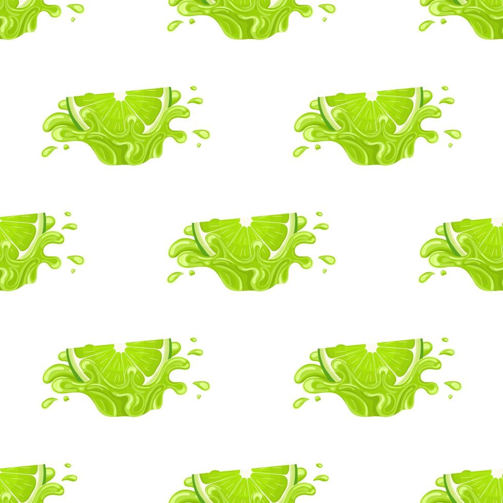 Seamless pattern with fresh bright lime juice splash burst isolated on white background. Summer fruit juice. Cartoon style. Vector illustration for any design.