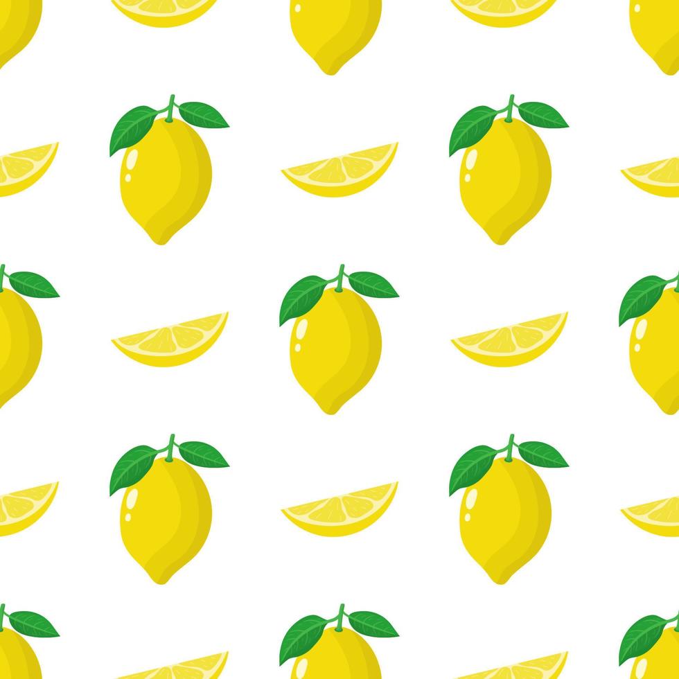 Seamless pattern with fresh whole, slice lemon fruit on white background. Vector illustration for design, web, wrapping paper, fabric, wallpaper