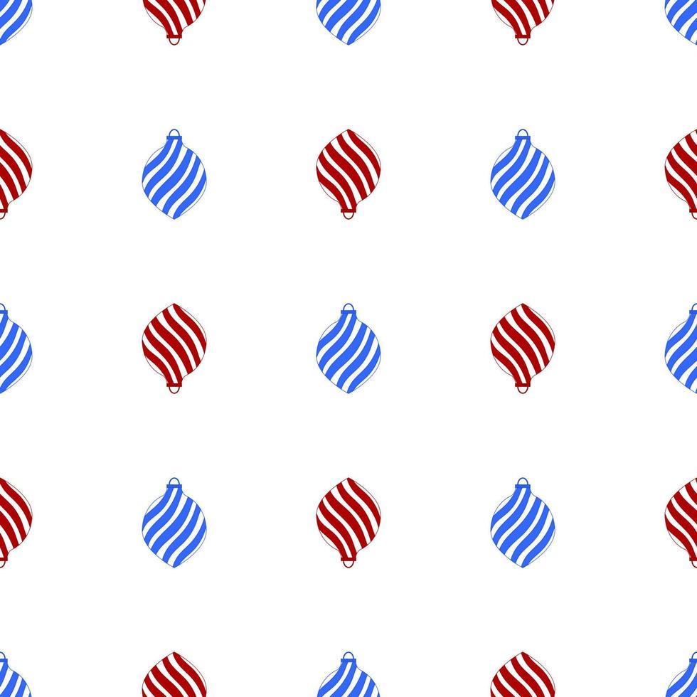 Seamless pattern with red and blue christmas spiral toys on white background. Holiday christmas swirl toy for fir tree. Vector illustration.