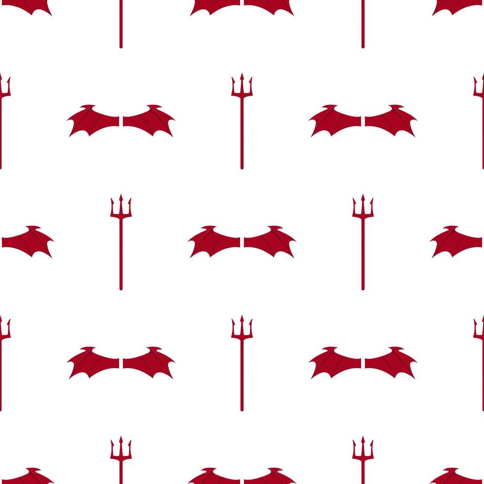 Seamless pattern with red devil wings and tridents on white background. Vector illustration for design, web, wrapping paper, fabric, wallpaper.