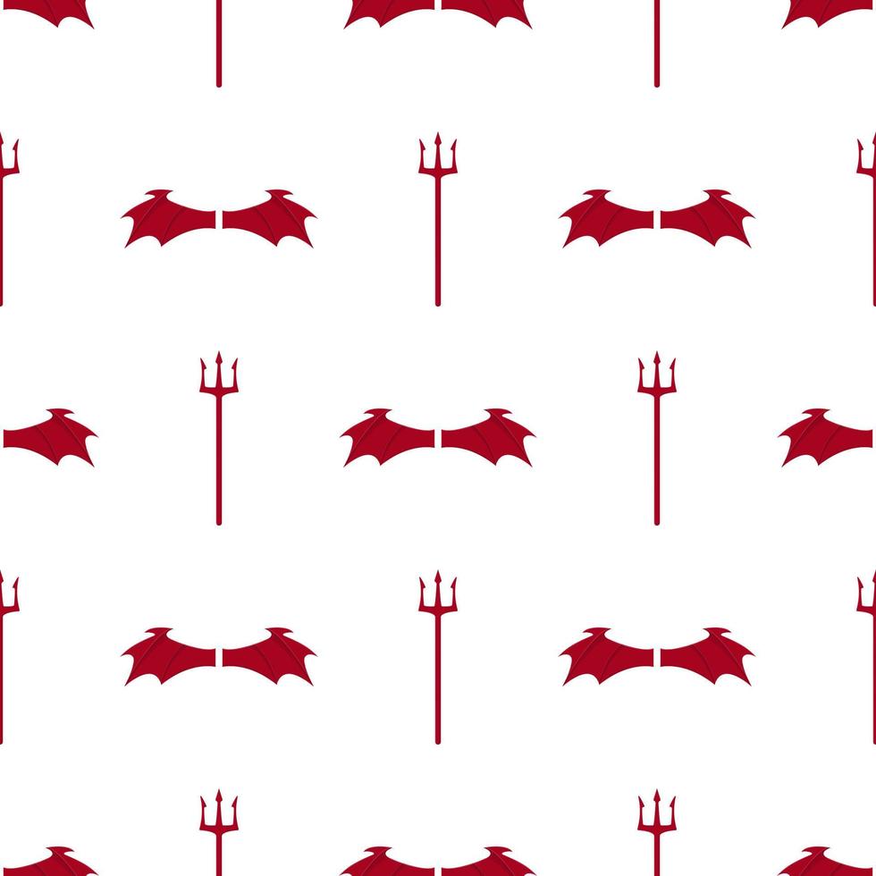 Seamless pattern with red devil wings and tridents on white background. Vector illustration for design, web, wrapping paper, fabric, wallpaper.