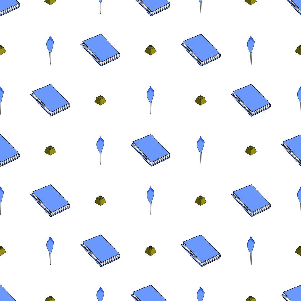 Seamless pattern with books, feathers and ink pots on white background. Vector illustration.