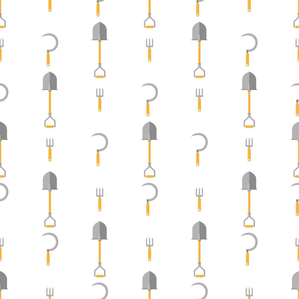 Seamless pattern with cartoon hand sickle, small pitchfork, shovel on white background. Gardening tool. Vector illustration for any design