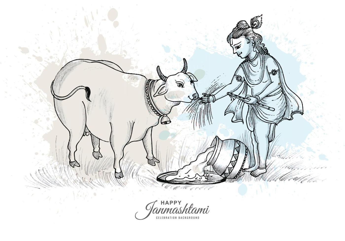 Hand draw sketch lord krishna in happy janmashtami festival card ...