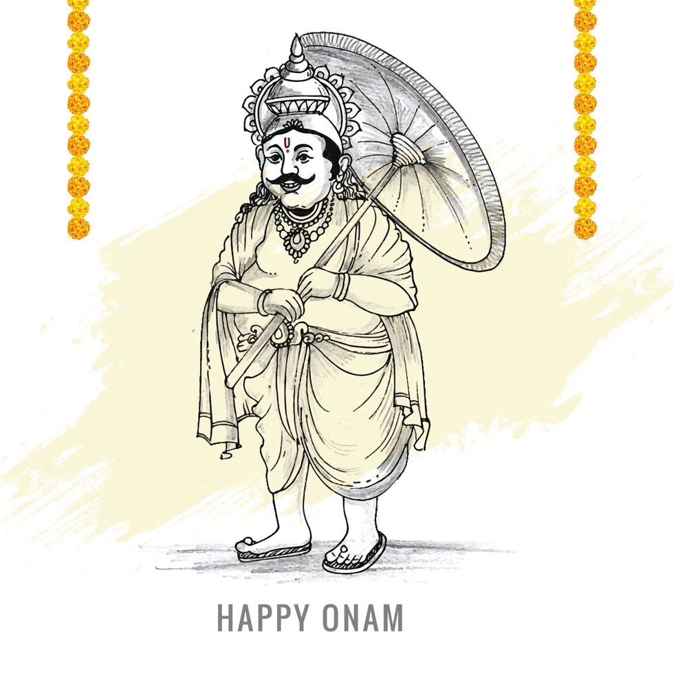 Hand draw happy onam festival of south india on card holiday sketch design vector