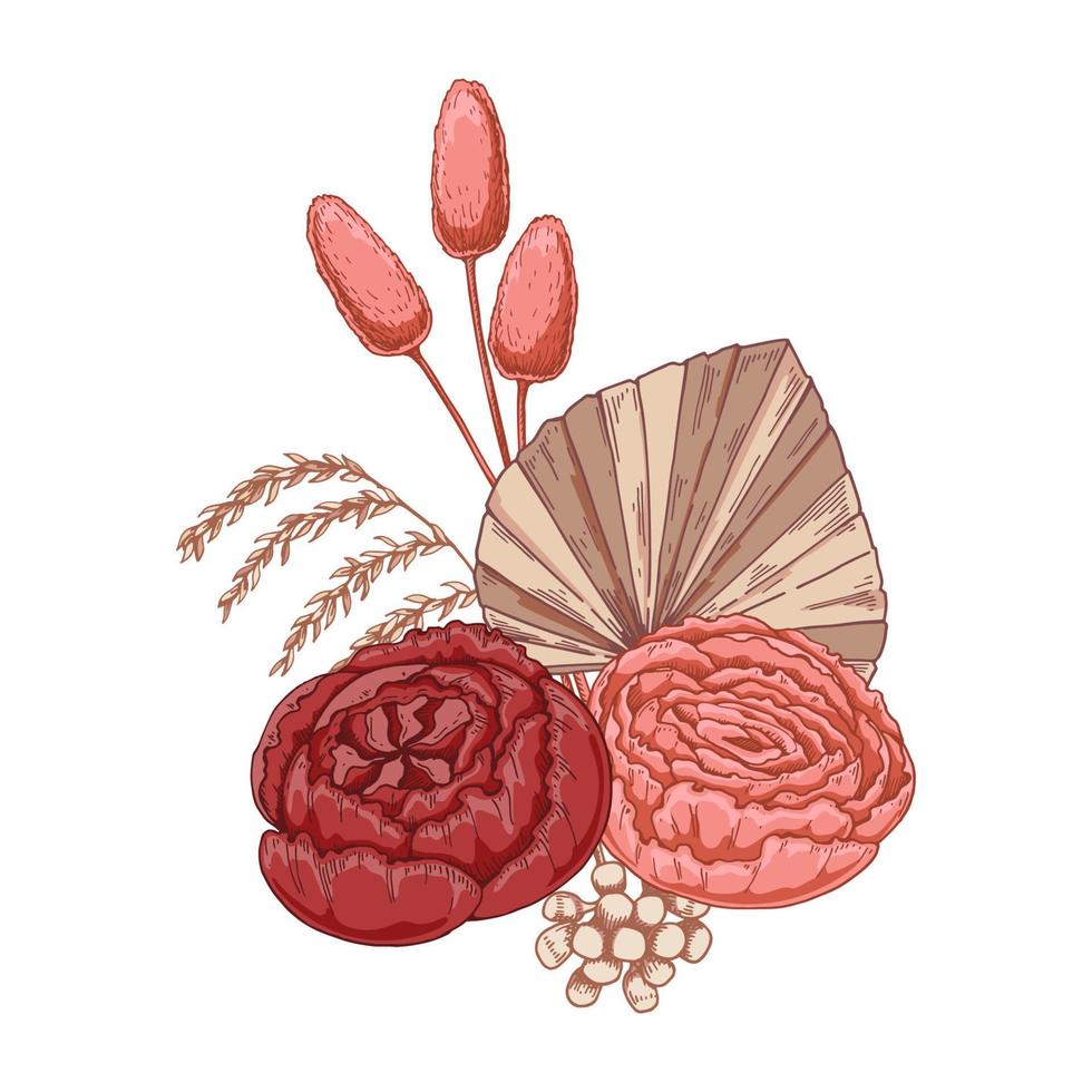 composición moderna de flores secas. ramo bohemio. ilustración vectorial dibujada a mano vector