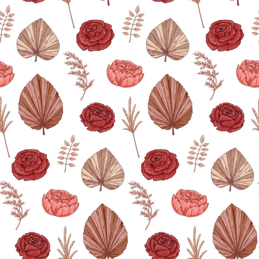 Modern dried flowers seamless pattern. Boho design. Hand drawn vector illustration
