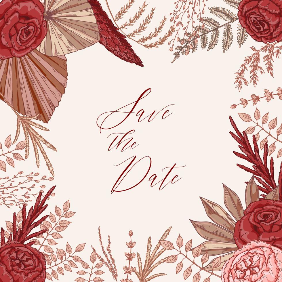Modern boho wedding design for invitation, greeting cards, posters. Save the date. Hand drawn vector illustration