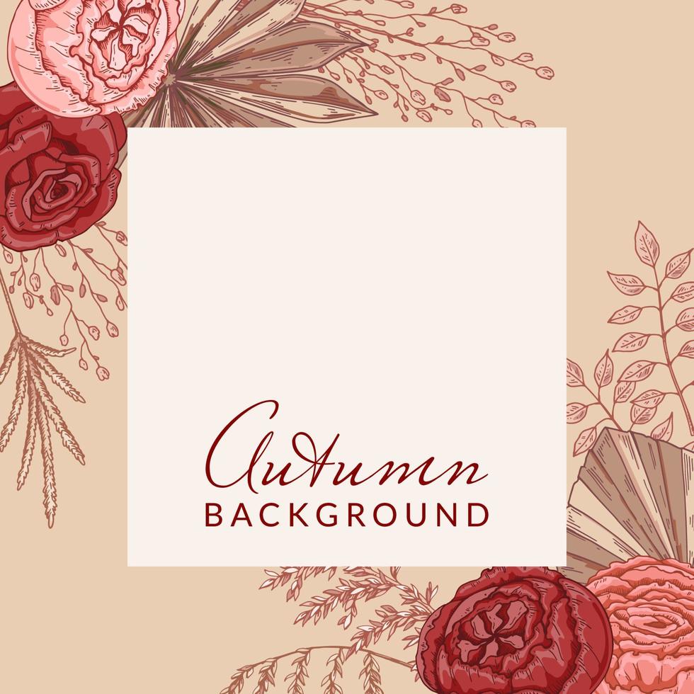 Autumn square background with modern floral elements. Social media post template. Hand drawn botanical vector illustration. Space for text