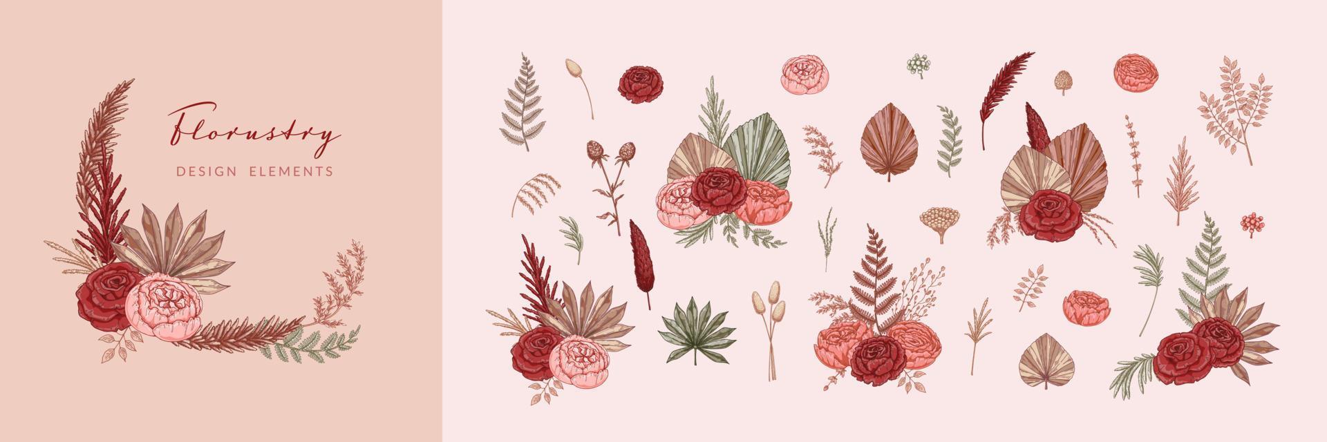 conjunto de elementos de diseño de flores secas modernas. ramos bohemios. ilustración vectorial dibujada a mano vector