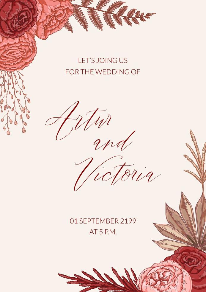 Modern vertical boho wedding designs for invitation, greeting cards, posters. Save the date. Hand drawn vector illustration