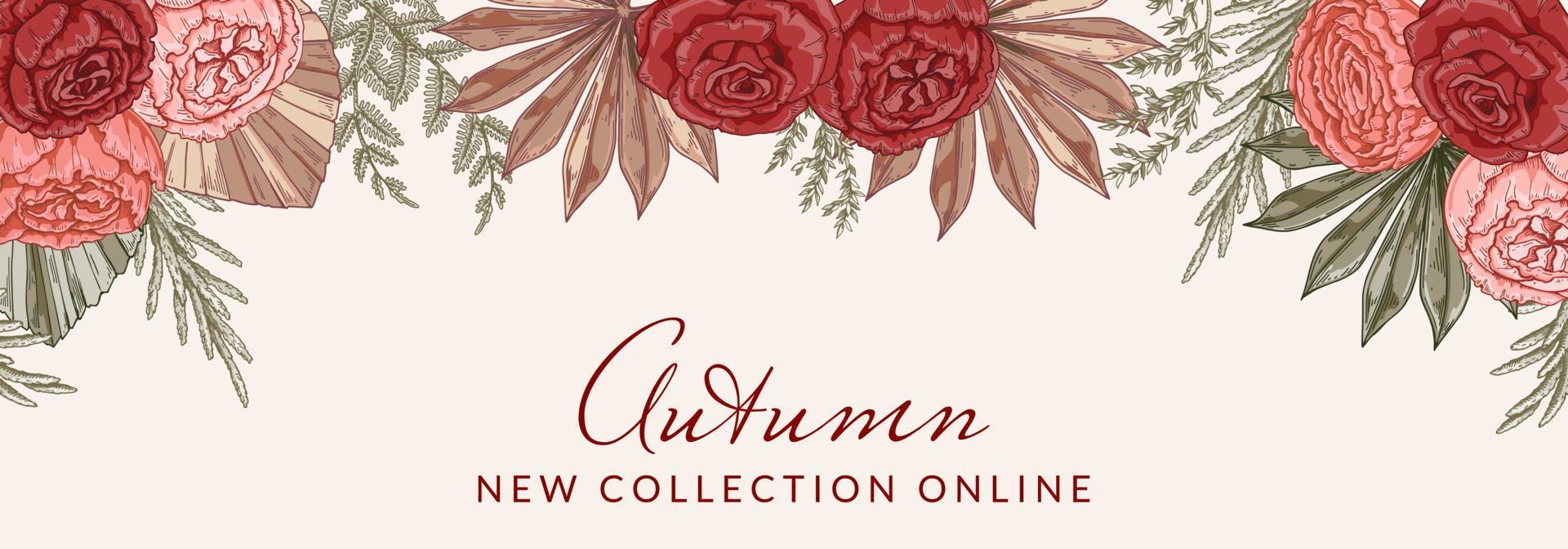 Autumn horizontal banner with modern floral elements. Hand drawn botanical vector illustration. Space for text