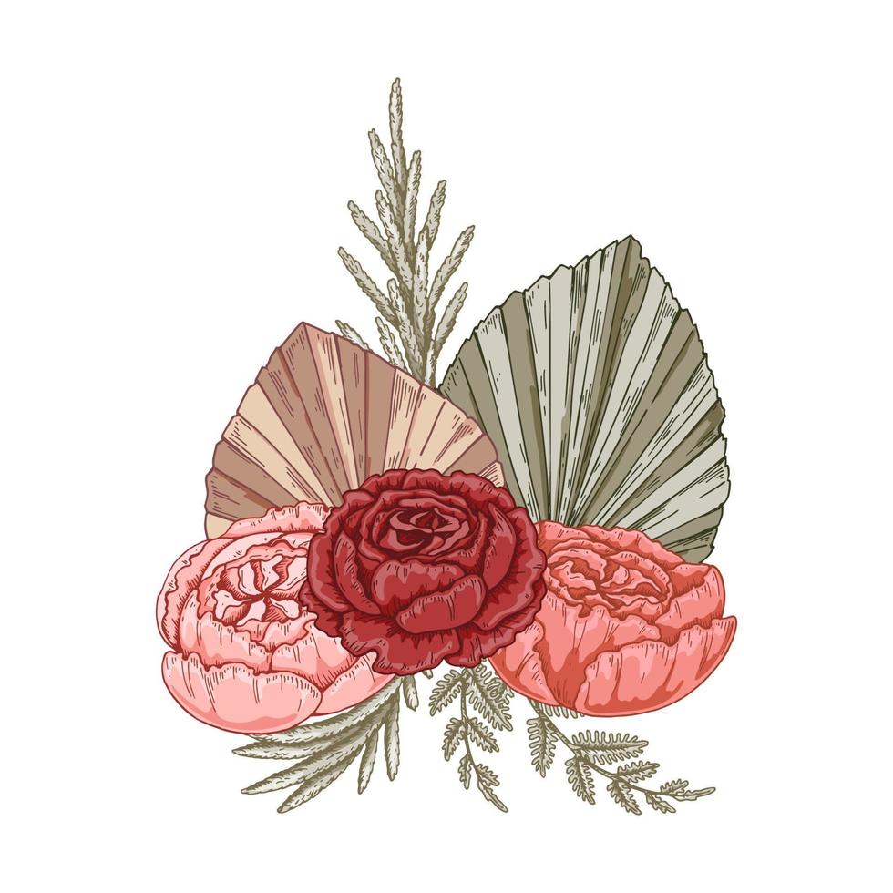 composición moderna de flores secas. ramo bohemio. ilustración vectorial dibujada a mano vector