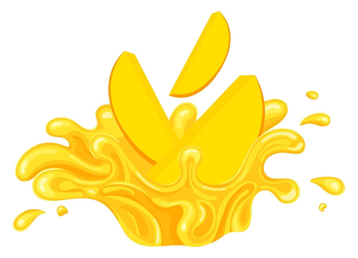 Fresh bright mango juice splash burst isolated on white background. Summer fruit juice. Cartoon style. Vector illustration for any design.