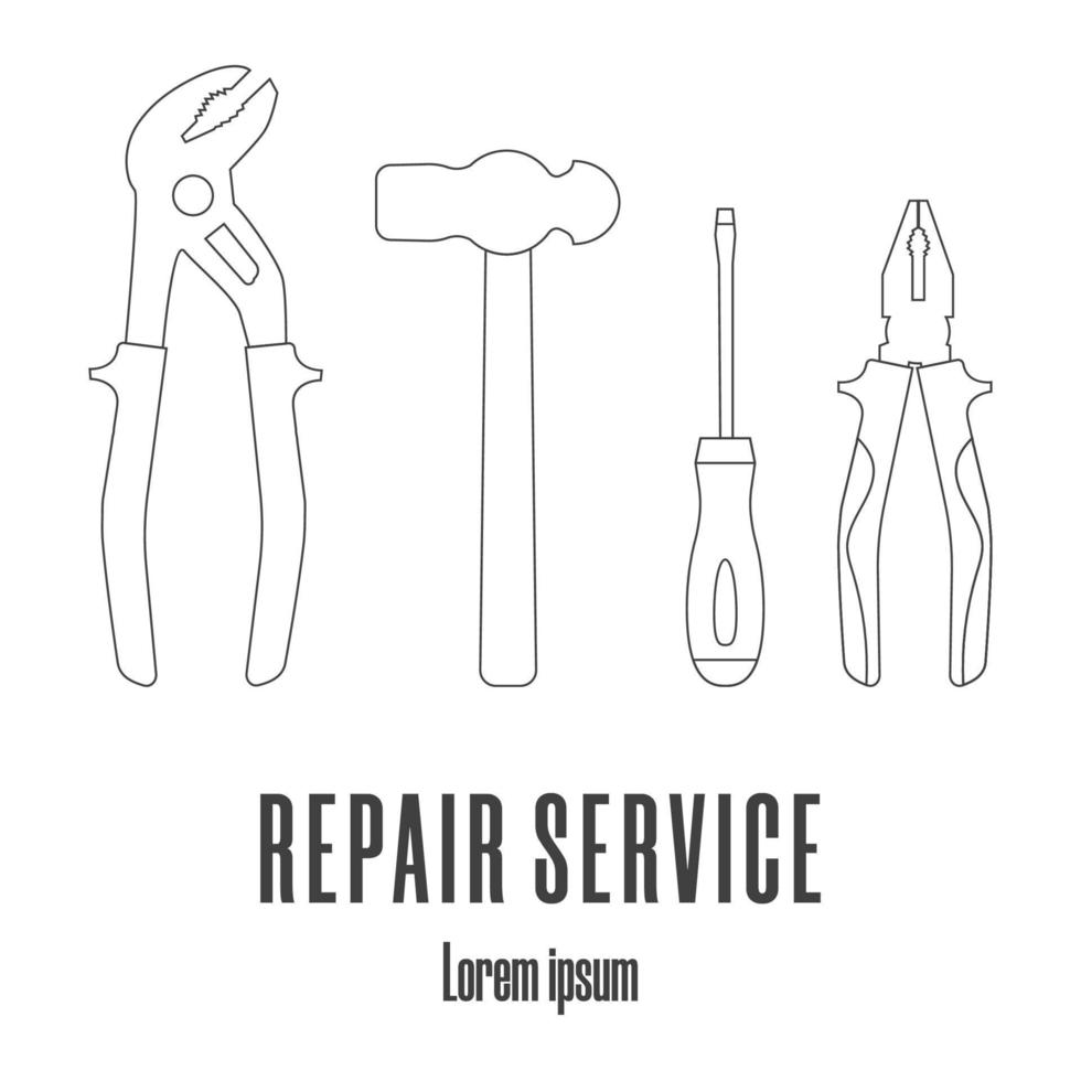 Line style icons of a hammer, screwdriver, pliers. Repair service logo. Clean and modern vector illustration.