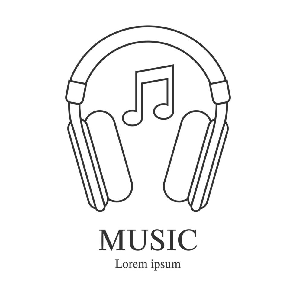 Line style icon of headphone. Music logo template. Recording studio label. Radio badge with sample text. Clean and modern vector illustration for design, web.