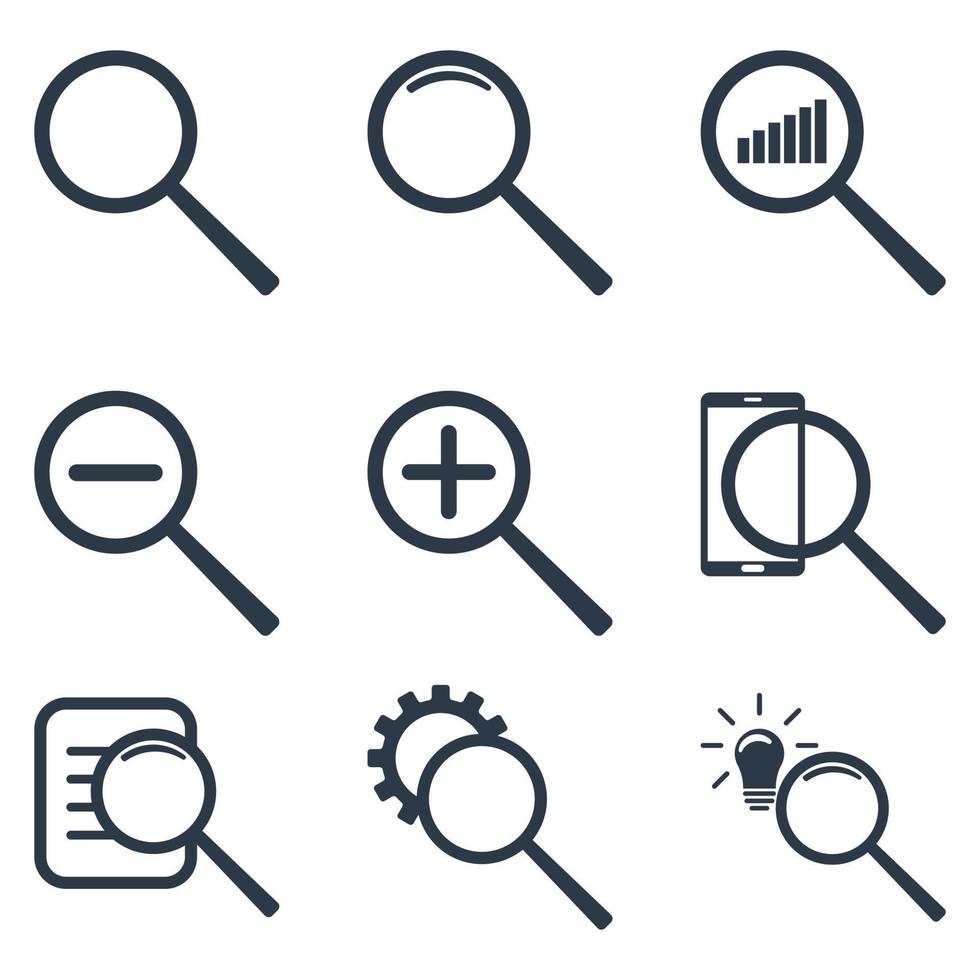 Set of different magnifier icons. Zoom, statistic, search information, find idea. Vector illustration isolated on white background.