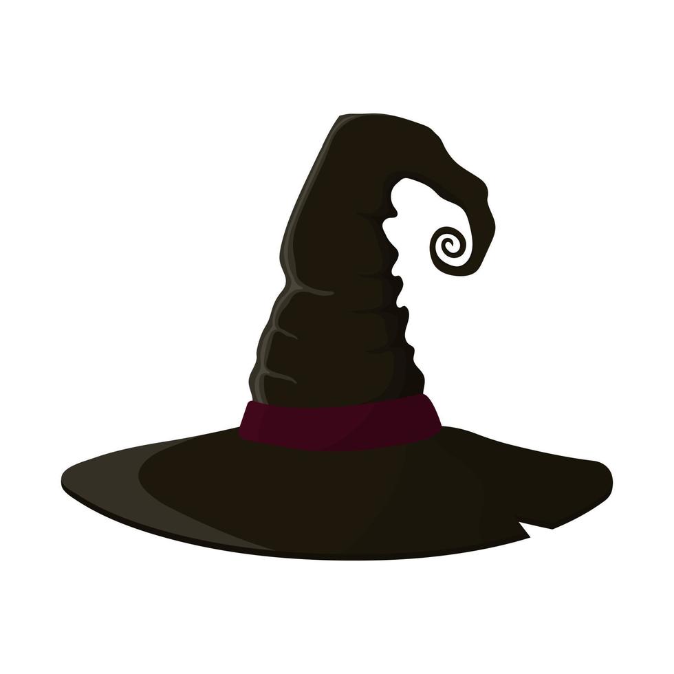Cartoon black witch hat isolated on white background. Children kid costume masquerade party. Design element for Halloween. Vector illustration.