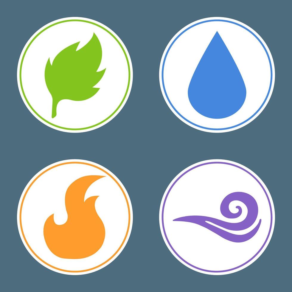 Four Elements Fire, Water, Earth, Air. Nature Element Stickers. Vector illustration for your design.
