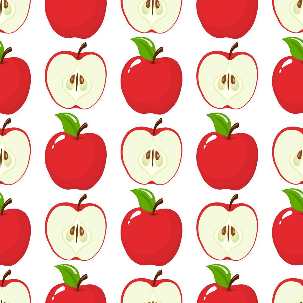 Seamless pattern with red whole and half apples on white background. Organic fruit. Cartoon style. Vector illustration for design, web, wrapping paper, fabric, wallpaper.