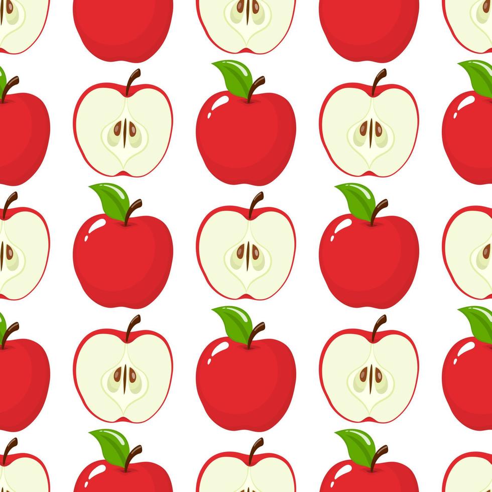 Seamless pattern with red whole and half apples on white background. Organic fruit. Cartoon style. Vector illustration for design, web, wrapping paper, fabric, wallpaper.