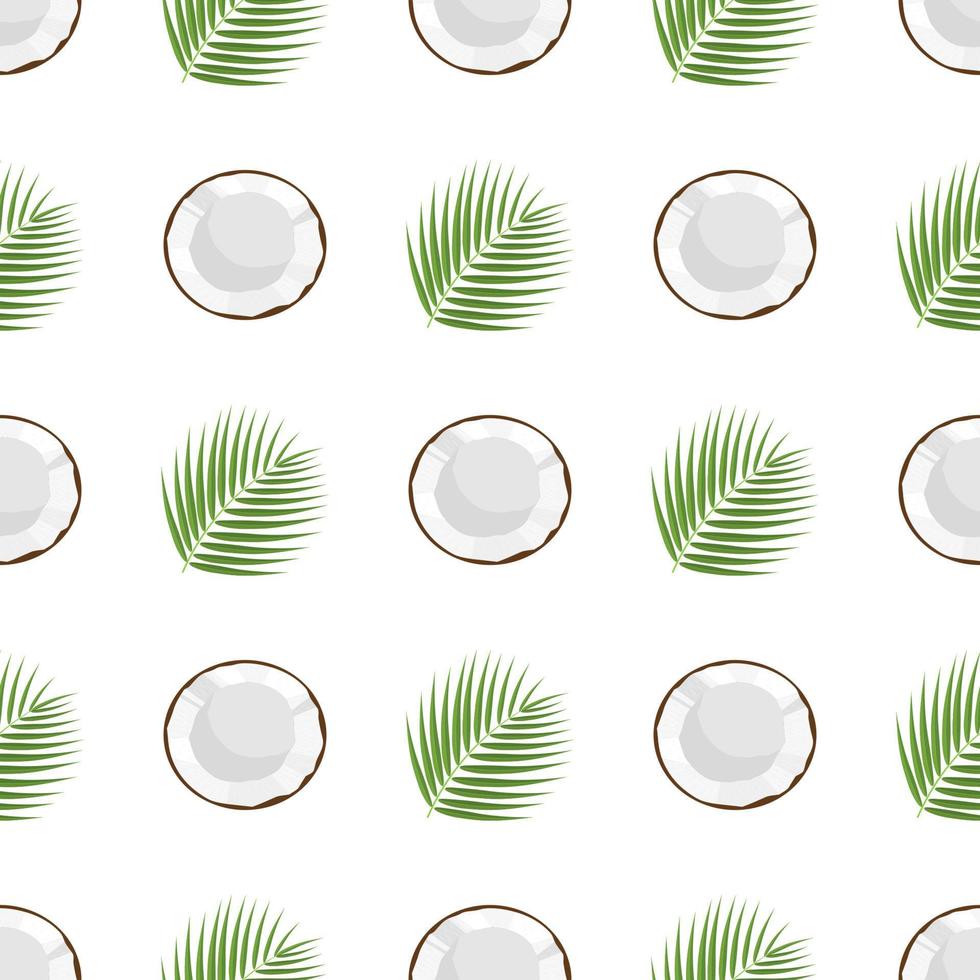 Seamless pattern with cartoon detailed brown exotic half coconut and green leaf. Summer fruits for healthy lifestyle. Organic fruit. Vector illustration for any design.