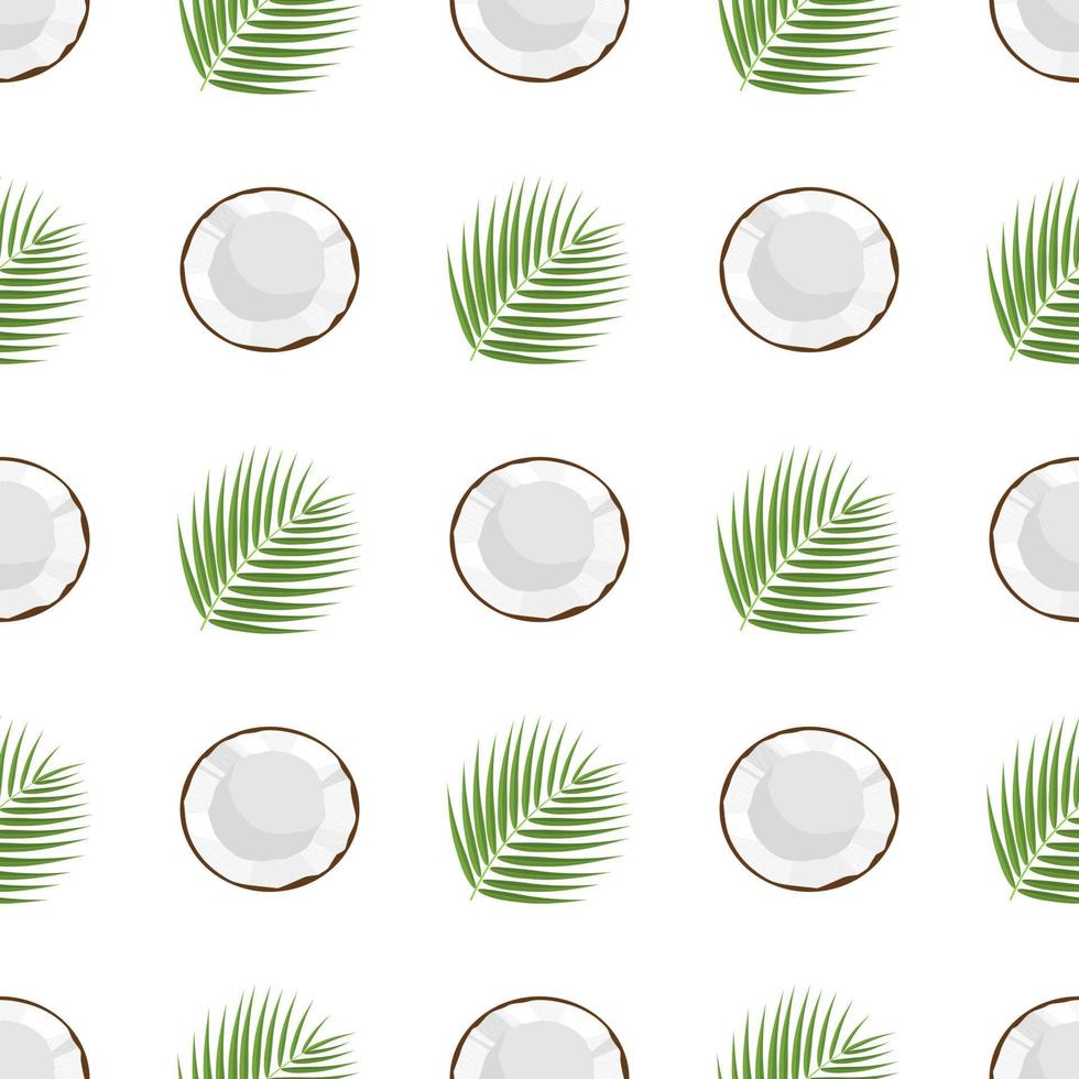 Seamless pattern with cartoon detailed brown exotic half coconut and green leaf. Summer fruits for healthy lifestyle. Organic fruit. Vector illustration for any design.