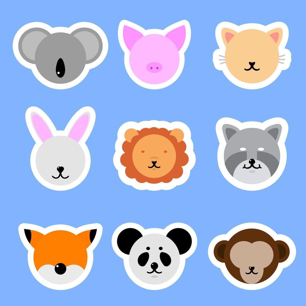 Set of Template Animals Stickers. Cat, Rabbit, Pig, Lion, Panda, Fox. Vector collection funny animals.