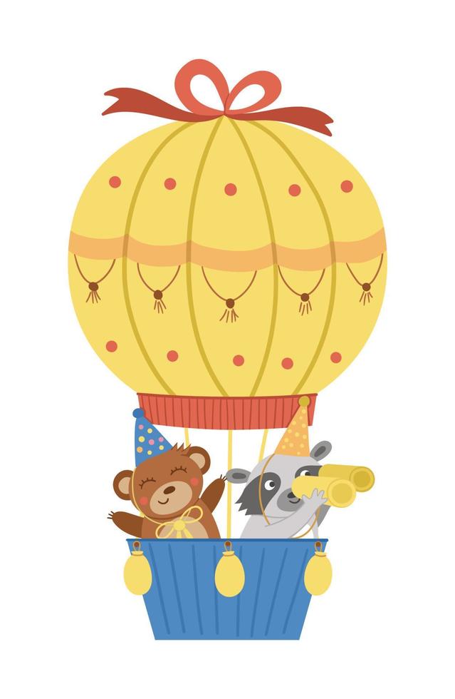 Vector cute bear and raccoon in hot air balloon. Funny birthday animals for card, poster, print design. Bright holiday illustration for kids. Cheerful celebration character icon