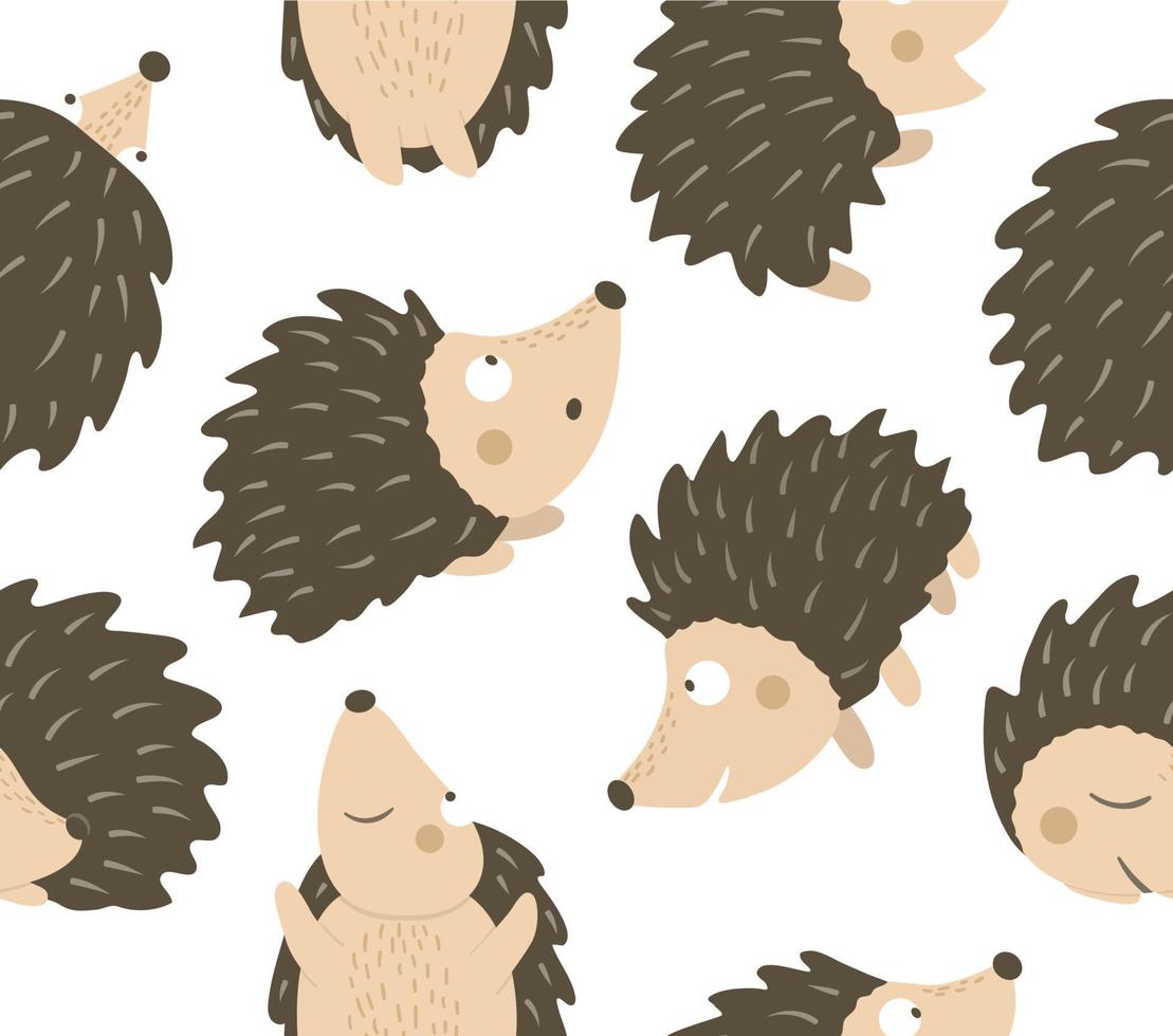 Vector seamless pattern of hand drawn flat funny hedgehogs in different poses. Cute repeat background with woodland animals. Cute animalistic ornament