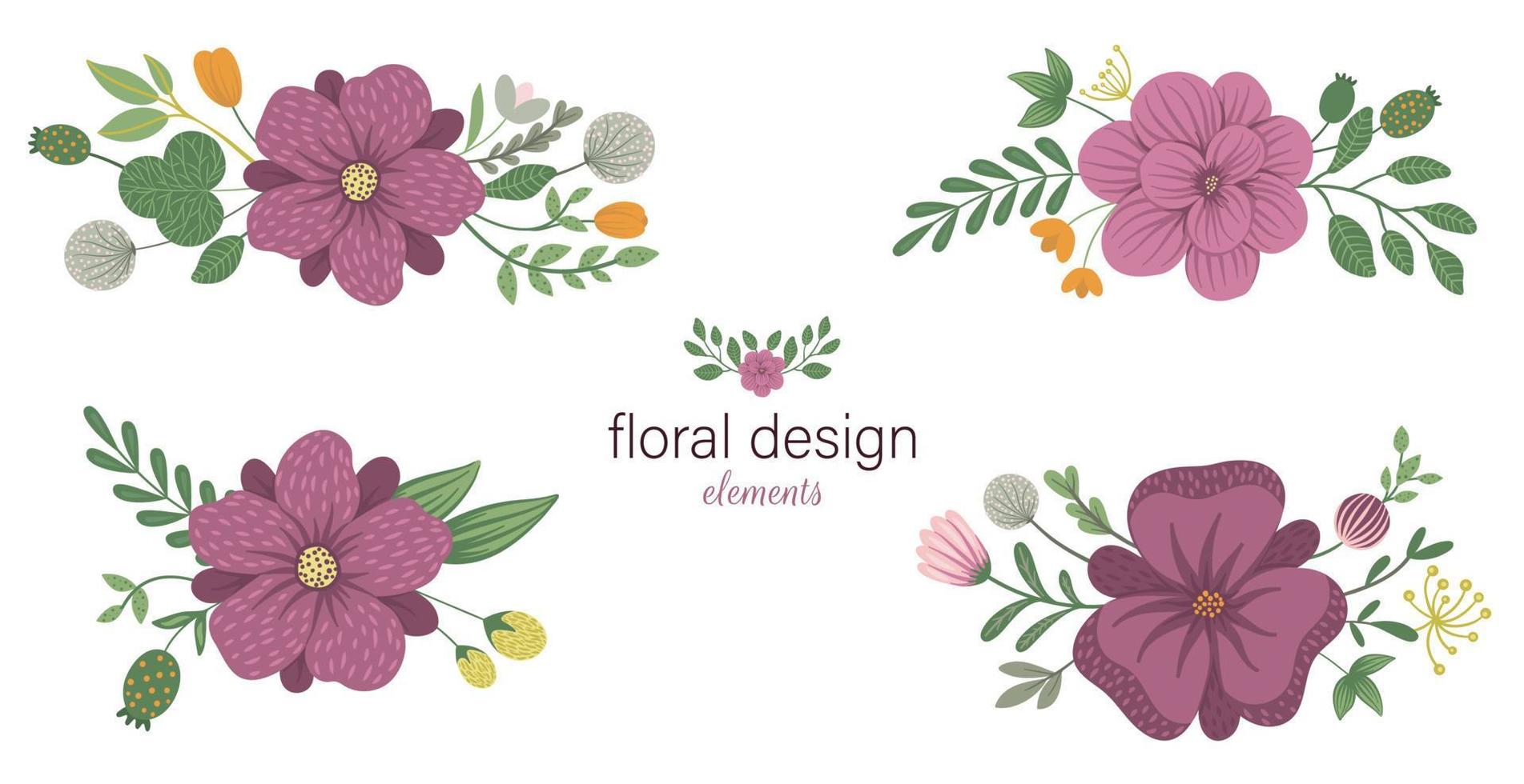 Set of vector floral horizontal decorative elements. Flat trendy illustration with flowers, leaves, branches. Meadow, woodland, forest clip art collection. Beautiful spring or summer bouquet