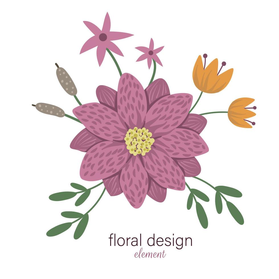 Vector floral round decorative element. Flat trendy illustration with flowers, leaves, branches, reeds, waterlilies. Swamp, woodland, forest clip art collection. Beautiful spring or summer bouquet