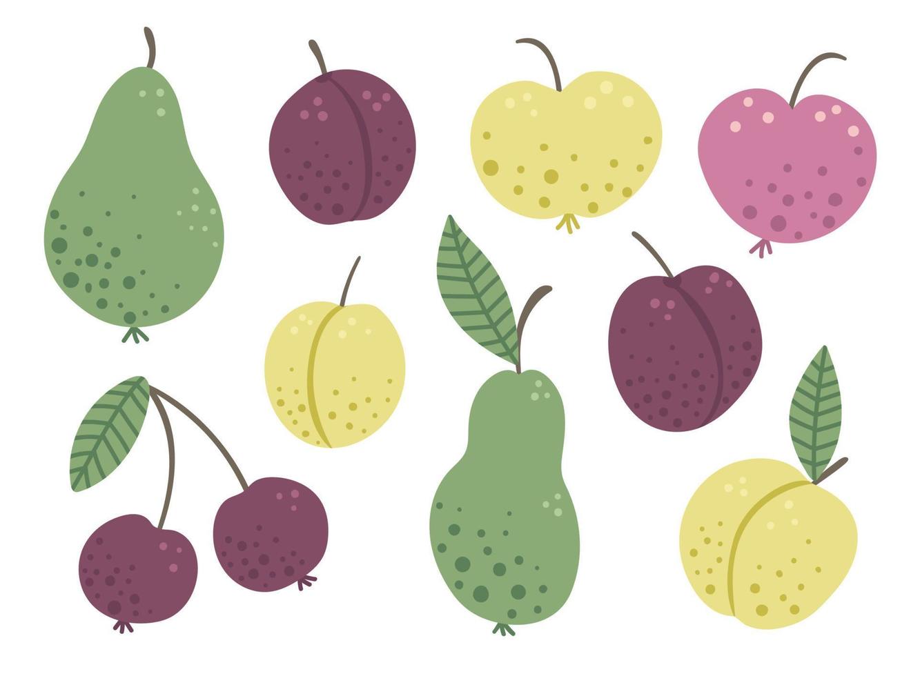 conjunto vectorial de divertidas frutas y bayas de jardín planas dibujadas a mano. manzana de color, pera, ciruela, melocotón, cereza aislado sobre fondo blanco. imagen temática de la cosecha vector