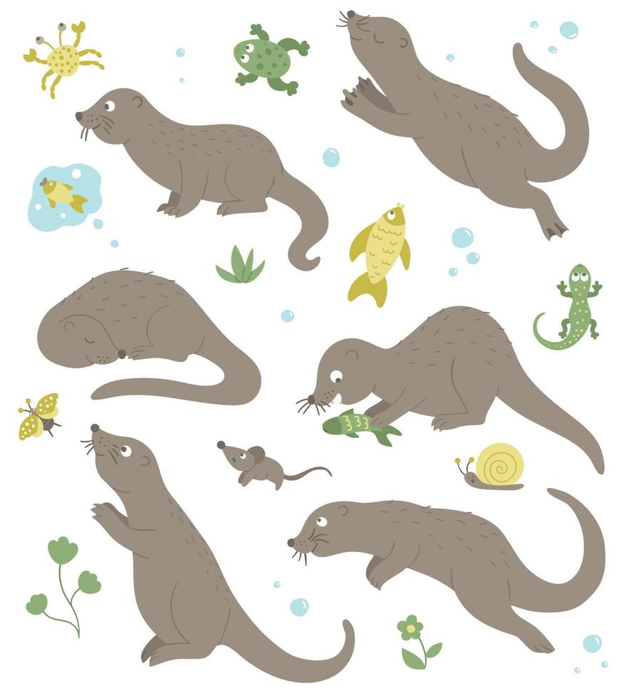 conjunto vectorial de nutrias graciosas planas de estilo de dibujos animados en diferentes poses con rana, cangrejo, pescado, imágenes prediseñadas de lagarto. linda ilustración de animales del bosque para el diseño de niños. vector