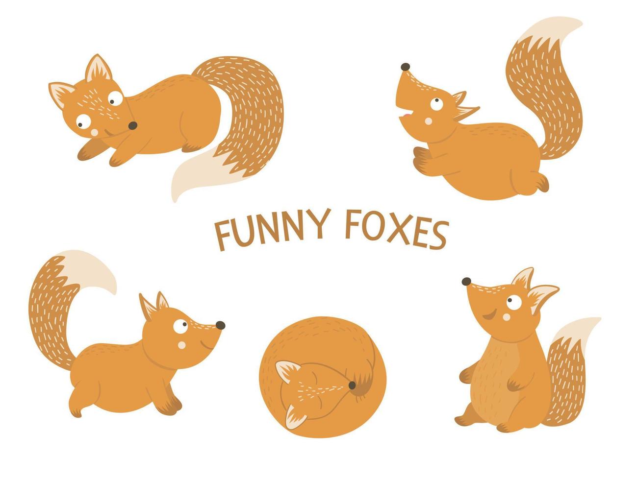 Vector set of cartoon style hand drawn flat funny foxes in different poses. Cute illustration of woodland animals for children design.