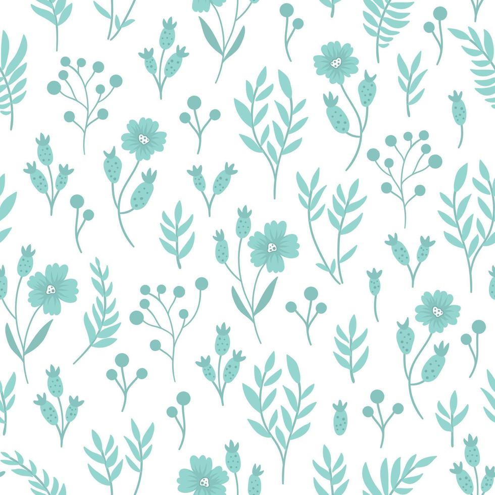 Vector blue floral seamless background. Hand drawn flat simple trendy illustration with flowers and leaves. Repeating pattern with meadow, garden, forest plants.