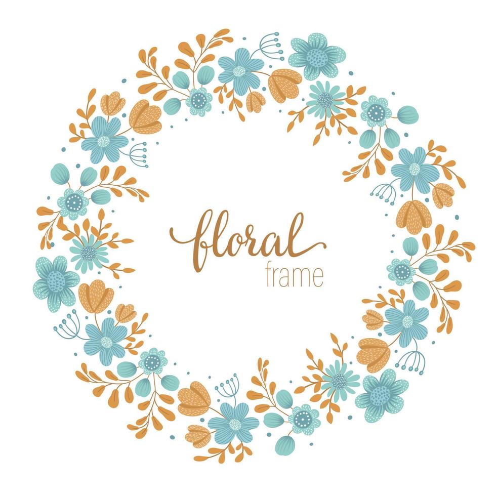 Vector frame template with flat hand drawn trendy wild flowers on white background. Square layout card with place for text. Floral design for invitation, wedding, party, promo events.